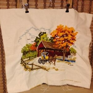 Vintage Embroidered Crewel Covered Bridge Scene Unframed Raw Hem - Autumn Colors